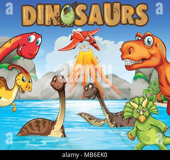 Diversi tipi di dinosauri nell'oceano illustrazione Illustrazione Vettoriale