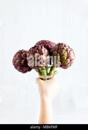 Profumo fresco di viola i carciofi in mano. copia spazio. su sfondo bianco . molla cibo sano Foto Stock