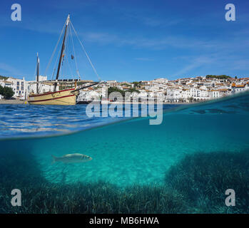 Barca tradizionale e il villaggio di Cadaques con pesci e piante fanerogame subacquea, vista suddivisa al di sopra e al di sotto della superficie, il mar Mediterraneo, Costa Brava, Spagna Foto Stock