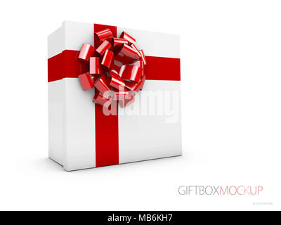 Quadrato bianco confezione regalo con nastro rosso isolato su sfondo, 3d illustrazione Foto Stock