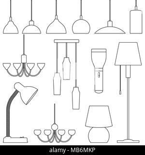 Lampade di diverse tipologie, set. Lampadari, lampade, lampadine, lampada da tavolo, torcia, lampada da terra - elementi di arredamento moderno. Line art illustrazione Illustrazione Vettoriale