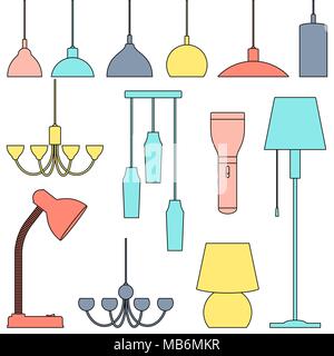 Lampade di diverse tipologie, set. Lampadari, lampade, lampadine, lampada da tavolo, torcia, lampada da terra - elementi di arredamento moderno. Line art illustrazione Illustrazione Vettoriale