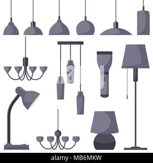 Lampade di diverse tipologie, set. Lampadari, lampade, lampadine, lampada da tavolo, torcia, lampada da terra - elementi di arredamento moderno. Illustrazione Vettoriale in fla Illustrazione Vettoriale