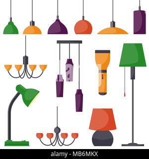 Lampade di diverse tipologie, set. Lampadari, lampade, lampadine, lampada da tavolo, torcia, lampada da terra - elementi di arredamento moderno. Illustrazione Vettoriale in fla Illustrazione Vettoriale