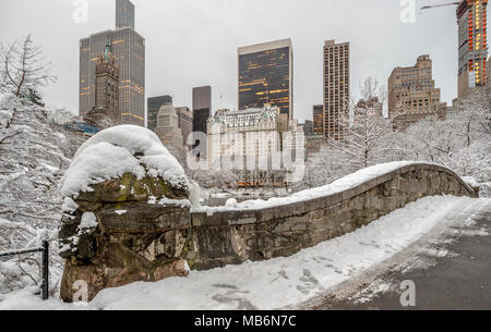 Tempesta di neve sul ponte Gapstow nel Central Park di New York City Foto Stock