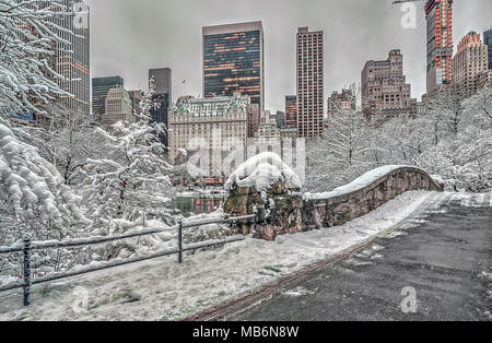 Tempesta di neve sul ponte Gapstow nel Central Park di New York City Foto Stock