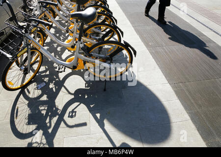 Le biciclette a noleggio presso la nuova stazione di Porta Susa a Torino, Italia. Foto Stock