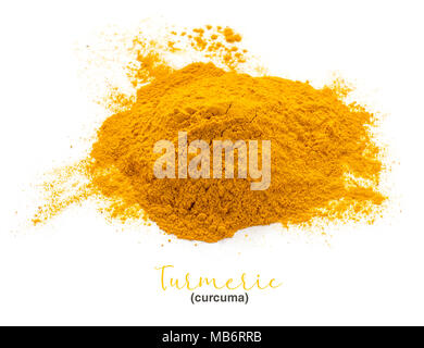 La curcuma in polvere. Curcuma o Curcuma è la spezia che dà al curry il suo colore giallo. Esso è stato utilizzato in India da migliaia di anni come una spezia e Foto Stock