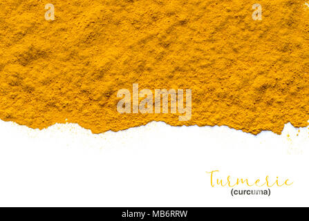 La curcuma in polvere. Curcuma o Curcuma è la spezia che dà al curry il suo colore giallo. Esso è stato utilizzato in India da migliaia di anni come una spezia e Foto Stock