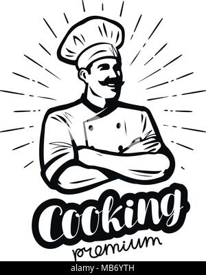 Happy cook in chef hat. La Cucina La cucina del concetto. Schizzo illustrazione vettoriale Illustrazione Vettoriale