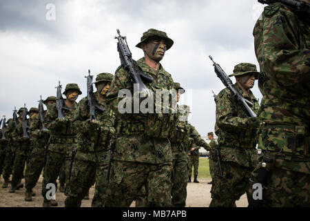 SASEBO, Giappone - Aprile 7 : i soldati di massa giapponese Forza di Autodifesa (JGSDF), denominato il anfibi Rapid Deployment Brigata assistere ad una cerimonia nel Camp Ainoura a Sasebo, Prefettura di Nagasaki, in Giappone il 7 aprile 2018. (Foto: Richard Atrero de Guzman/AFLO) Foto Stock