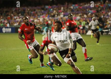 Hong Kong, Cina. 8 apr, 2018. Isole Figi ha vinto il Kenya 24 :12 in Hong Kong Rugby Sevens 2018 finale. Apr-8, 2018 Hong Kong.ZUMA/Liau Chung Ren Credito: Liau Chung Ren/ZUMA filo/Alamy Live News Foto Stock
