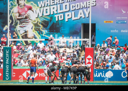 Hong Kong, Cina. 08 apr, 2018. Torneo Internazionale di Rugby a sette a Hong Kong dal 5 - 8 aprile 2018, quarto di finale, USA vs Nuova Zelanda, "dove il mondo viene a giocare' - nessun filo SERVICE - Credit: Jürgen Keßler/dpa/Alamy Live News Foto Stock