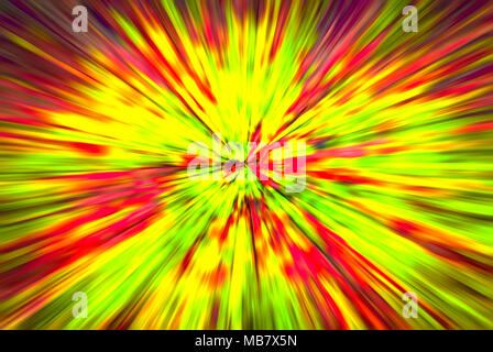Ipnotico psichedelico irrealistico Abstract Speedy giallo verde sfondo rosso, motion blur effetto zoom, motion blur. Foto Stock