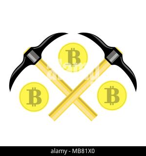 Golden Bitcoin Icona. Valuta Crypto Mining con monete e picconi Illustrazione Vettoriale