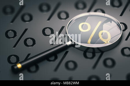 3d illustrazione di una lente di ingrandimento su sfondo nero con percentuale di simboli e di concentrarsi su un golden one. Foto Stock