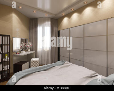 3D render di interior design di una camera da letto in colore beige. Foto Stock