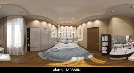 3d illustrazione sferica a 360 gradi, seamless panorama camera da letto di interior design. Il design della camera da letto è in stile scandinavo Foto Stock