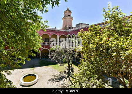 I derelitti e sbriciolamento Hacienda de Jaral de Berrio in Jaral de Berrios, Guanajuato, Messico. Il abbandonato Jaral de Berrio hacienda era una volta il più grande in Messico e ospitato oltre 6 mila persone sulla proprietà ed è accreditato con la creazione di Mescal. Foto Stock