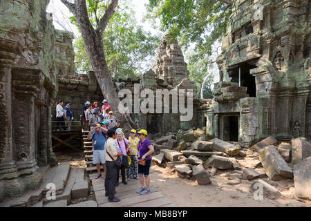 Cambogia turisti - i turisti a Ta Prohm tempio di Angkor, sito patrimonio mondiale dell UNESCO, Siem Reap, Cambogia Asia Foto Stock