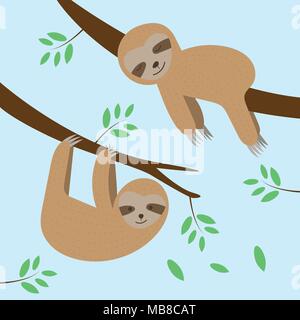 Carino bradipi cartoon dormendo e appeso sul ramo di albero dello sfondo. Illustrazione Vettoriale. Illustrazione Vettoriale