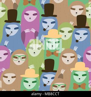 Carino seamless pattern bradipi famiglia cartoon sfondo. Illustrazione Vettoriale. Illustrazione Vettoriale