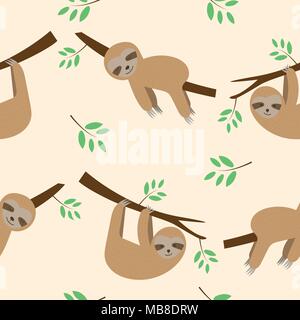 Carino seamless pattern bradipi cartoon dormendo e appeso sul ramo di albero dello sfondo. Illustrazione Vettoriale. Illustrazione Vettoriale