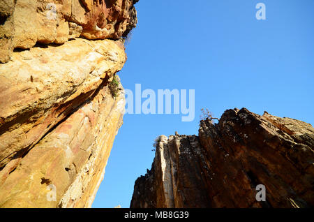 Tra pareti rocciose guardando verso il cielo blu prese a Diamond Head NSW Australia Foto Stock