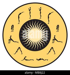 Surya Namaskar impostato, il saluto al sole Illustrazione Vettoriale