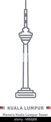 Malaysia icona linea. Menara Kuala Lumpur Tower e bandiera malese illustrazione vettoriale. Illustrazione Vettoriale