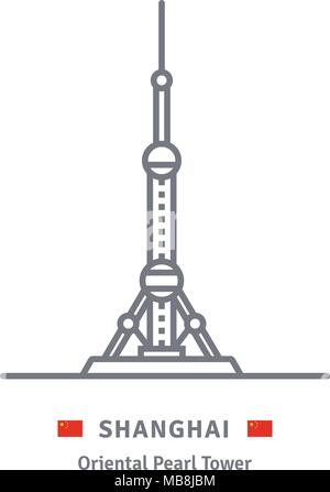Shanghai icona linea. Perla TheOriental Radio e la torre della televisione e la bandiera cinese illustrazione vettoriale. Illustrazione Vettoriale
