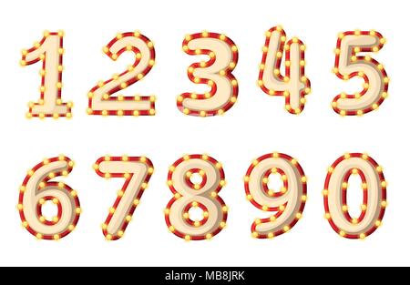 Set di retro illuminato i numeri. Stile Cartoon design. Luce gialla lampadine e rosso corsa. Illustrazione di vettore isolato su sfondo bianco. Pagina del sito Web Illustrazione Vettoriale