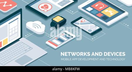 Rete di computer e touch screen smart dispositivi di connessione online: Mobile Apps, la tecnologia e i collegamenti Illustrazione Vettoriale