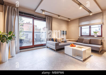 Camere moderne e spaziose, brown salotto interno con grigio di un divano, tavolo, fioriere, tende e scorrevoli porte per balconi Foto Stock