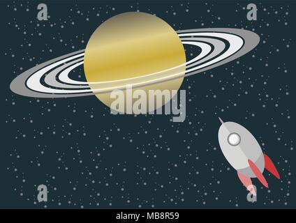 Sfondo con space design, con il pianeta Saturno e i suoi anelli e rucola. Illustrazione Vettoriale. Illustrazione Vettoriale