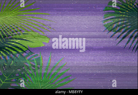 Abstract pattern digitale con colorati di foglie di palma verde su ultra violet sullo sfondo. Sfondo Glitched con vhs interferenze. Effetto Stereo Foto Stock