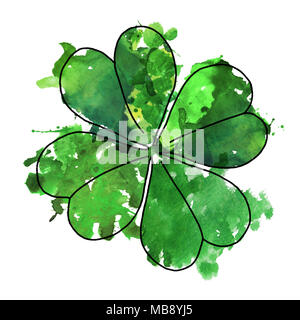 2d disegnati a mano illustrazione per St.Patrick's day. Acquerello verde splash blot in forma di foglia di trifoglio. Isolato su sfondo bianco. Foto Stock