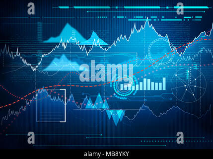 Abstract business interface con linea di tendenza rialzista grafico, diagramma a barre e diagramma di mercato bull su sfondo blu scuro. Concetto touch screen ed infografico. Foto Stock