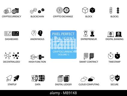 Cryptocurrency (bitcoin, ethereum) sottile linea vector icon set. Pixel icone perfetto con 1 px di larghezza della linea per una ottimale applicazione e utilizzo del web Illustrazione Vettoriale