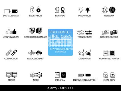 Cryptocurrency (bitcoin, ethereum) sottile linea vector icon set. Pixel icone perfetto con 1 px di larghezza della linea per una ottimale applicazione e utilizzo del web Illustrazione Vettoriale