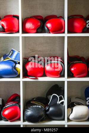 Varie colorato i guantoni memorizzati su scaffali in un boxing palestra Foto Stock