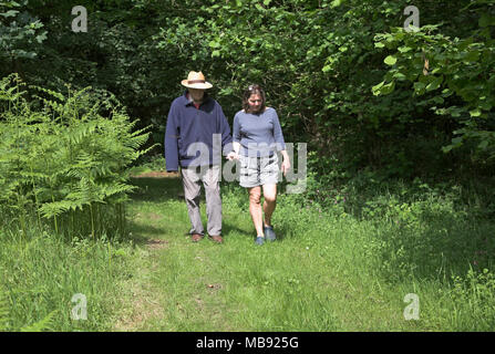 Donna di mezza età a piedi tenendo le mani con il suo anziano padre lungo il percorso del bosco, Suffolk, Inghilterra, Regno Unito Foto Stock