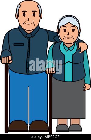 Linea di colore coppia di anziani insieme con il bastone da passeggio Illustrazione Vettoriale