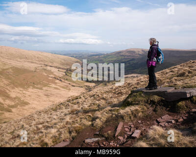 Escursionista femmina discendente dalla ventola Nedd, ammirando il panorama verso il basso il Blaen Senni valley, Fforest Fawr, Parco Nazionale di Brecon Beacons, Wales, Regno Unito Foto Stock