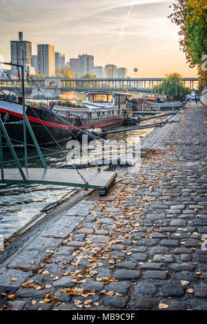 Case galleggianti su un lastricato banca del fiume Senna, Parigi Francia Foto Stock