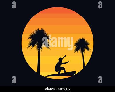 Palme e un surfista su un sfondo di tramonto in stile del 80s. Tropical All'alba o al tramonto. Illustrazione Vettoriale Illustrazione Vettoriale