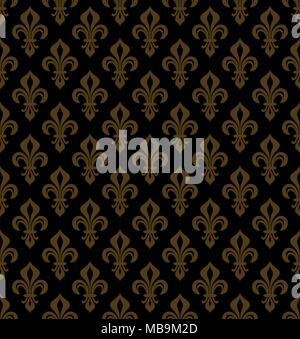 Royal gigli araldici (Fleur de Lis) - nero ricco in bronzo dorato di velluto di rame, seamless pattern, sfondo. Illustrazione Vettoriale