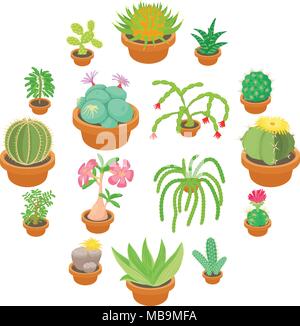 Verde cactus set di icone, stile cartoon Illustrazione Vettoriale