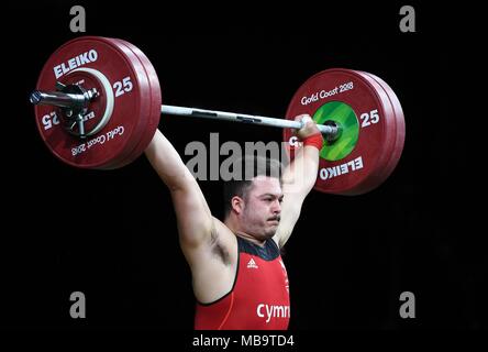 Queensland, Australia. 9 apr, 2018. La Giordania Sakkas (WAL). Mens 105kg. Sollevamento pesi. XXI Giochi del Commonwealth.Optus il centro acquatico. Costa d'Oro 2018. Queensland. Australia. 09/04/2018. Credito: Sport In immagini/Alamy Live News Foto Stock