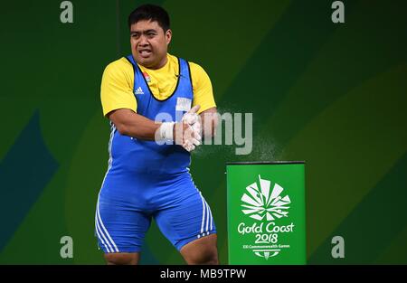 Queensland, Australia. 9 apr, 2018. David Katoatau (KIR). Mens 105kg. Sollevamento pesi. XXI Giochi del Commonwealth.Optus il centro acquatico. Costa d'Oro 2018. Queensland. Australia. 09/04/2018. Credito: Sport In immagini/Alamy Live News Foto Stock